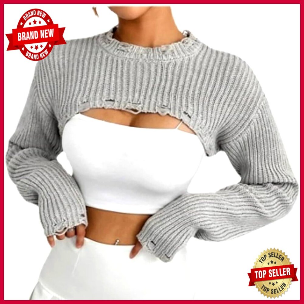 Cropped Knit Bolero Sweater Long Sleeve Pullover Y2K Cozy Top